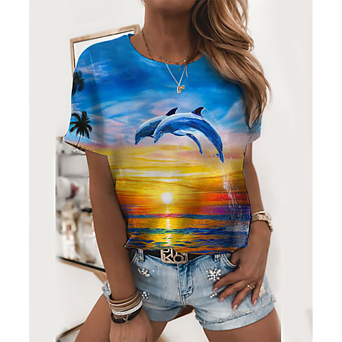 

Women's Holiday Painting T shirt Graphic Scenery 3D Print Round Neck Basic Beach Tops Blue