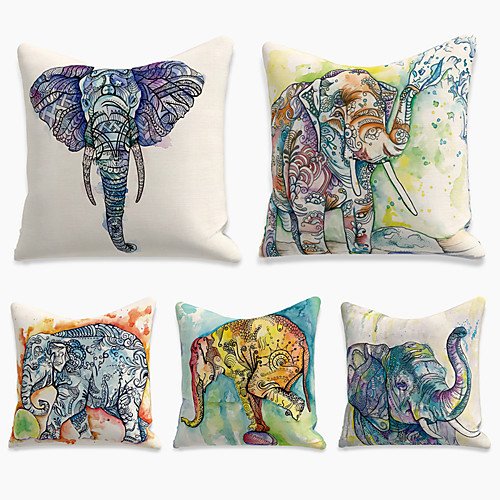 

5 pcs Faux Linen Pillow Cover, Animal Simple Casual Square Polyester Traditional Classic