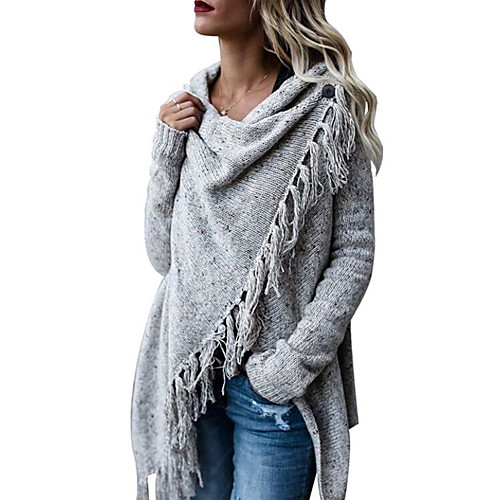 

Women's Basic Tassel Knitted Solid Color Poncho Sweater Cotton Long Sleeve Sweater Cardigans Crew Neck Fall Winter Army Green Khaki Light gray