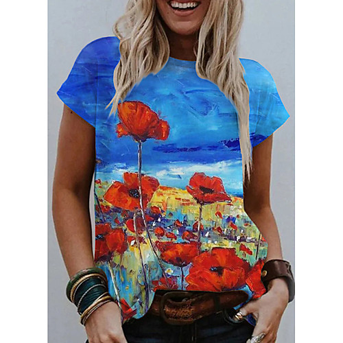 

Women's Going out Floral Theme T shirt Graphic 3D Flower Print Round Neck Basic Tops Blue