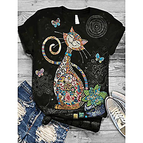 

Women's T shirt Cat Print Round Neck Basic Tops Black