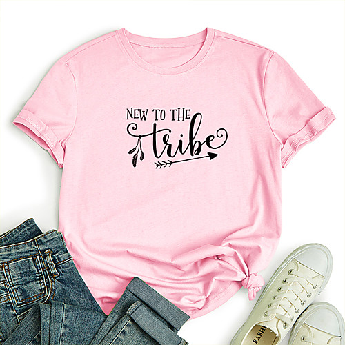 

Women's T shirt Graphic Letter Print Round Neck Tops 100% Cotton Basic Basic Top White Blue Red