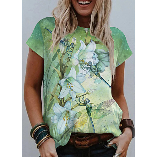 

Women's Painting T shirt Floral Graphic Print Round Neck Basic Tops Green