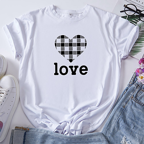 

Women's T shirt Graphic Heart Letter Print Round Neck Tops 100% Cotton Basic Basic Top White Blue Red