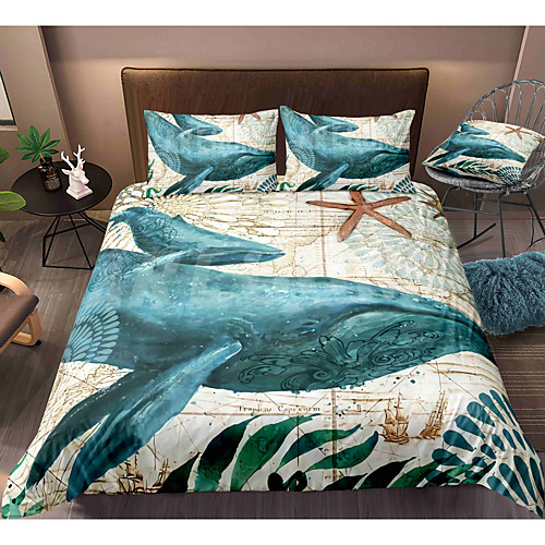 

Whale Print 3-Piece Duvet Cover Set Hotel Bedding Sets Comforter Cover with Soft Lightweight Microfiber, Include 1 Duvet Cover, 2 Pillowcases for Double/Queen/King(1 Pillowcase for Twin/Single)