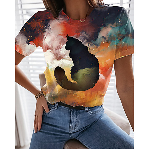 

Women's Holiday 3D Cat Painting T shirt Cat Graphic 3D Print Round Neck Basic Tops Red