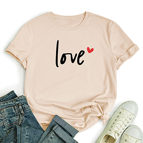 

Women's T shirt Graphic Heart Letter Print Round Neck Tops 100% Cotton Basic Basic Top White Blue Red