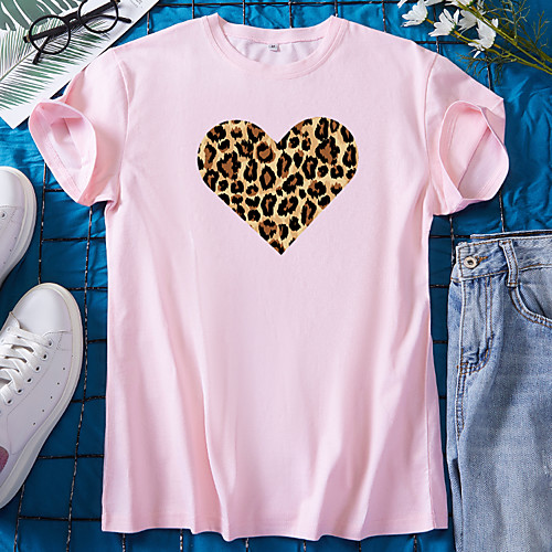 

Women's T shirt Graphic Heart Leopard Print Round Neck Tops 100% Cotton Basic Basic Top White Black Blue