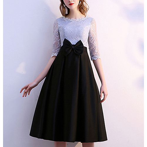 

A-Line Mother of the Bride Dress Elegant Jewel Neck Tea Length Lace Satin Half Sleeve with Bow(s) 2021