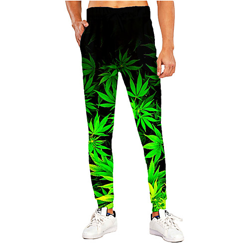 

Men's Sporty Casual / Sporty Breathable Quick Dry Sports Casual Holiday Pants Sweatpants Pants Leaf Graphic Prints Full Length Print Black