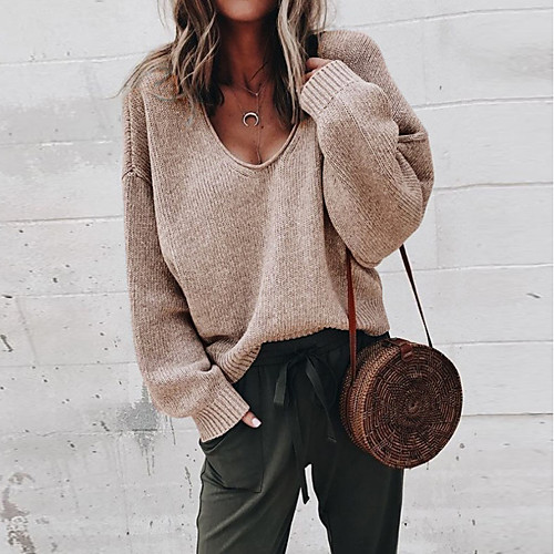 

Women's Casual Solid Color Pullover Sweater Long Sleeve Sweater Cardigans V Neck Fall Winter Purple Yellow Khaki / Holiday