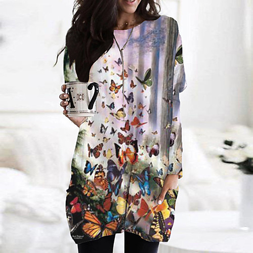 

Women's T Shirt Dress Tee Dress Short Mini Dress Yellow Blushing Pink Red Light Blue Long Sleeve Print Color Block Animal Print Fall Spring Round Neck Casual Holiday 2021 S M L XL XXL 3XL