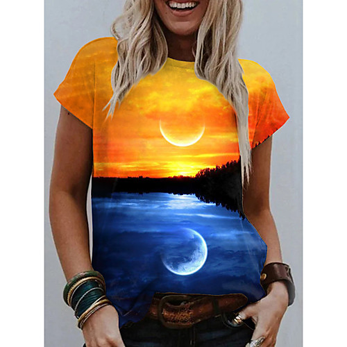 

Women's Painting T shirt Graphic Scenery Print Round Neck Basic Tops Blue