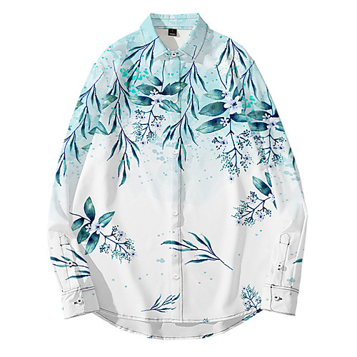 

Men's Shirt 3D Print Floral Plants 3D Print Button-Down Long Sleeve Daily Tops Casual Fashion Hawaiian Blue Blushing Pink Black / Beach