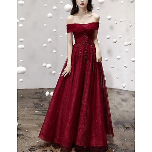 

A-Line Luxurious Sparkle Engagement Prom Dress Off Shoulder Short Sleeve Floor Length Tulle with Sequin Appliques 2021