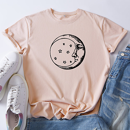 

Women's T shirt Graphic Print Round Neck Tops 100% Cotton Basic Basic Top White Blue Red