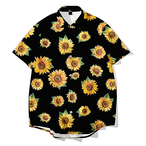 

Men's Shirt 3D Print Floral Daisy 3D Print Button-Down Short Sleeve Daily Tops Casual Fashion Hawaiian Yellow Black / Summer / Beach