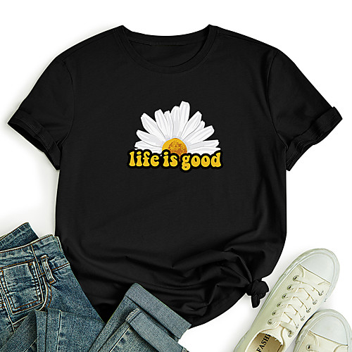 

Women's T shirt Graphic Daisy Letter Print Round Neck Tops 100% Cotton Basic Basic Top White Black Blue