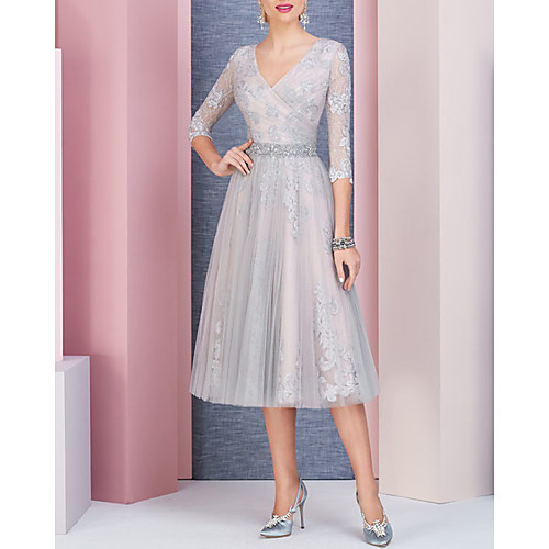 

A-Line Mother of the Bride Dress Elegant V Neck Tea Length Lace Tulle 3/4 Length Sleeve with Sash / Ribbon Pleats Appliques 2021