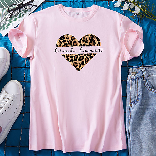 

Women's T shirt Graphic Heart Leopard Print Round Neck Tops 100% Cotton Basic Basic Top White Black Blue