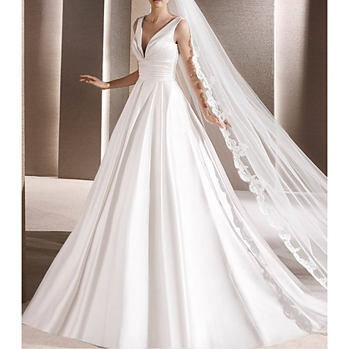

A-Line Wedding Dresses V Neck Court Train Satin Sleeveless Simple Luxurious with 2021