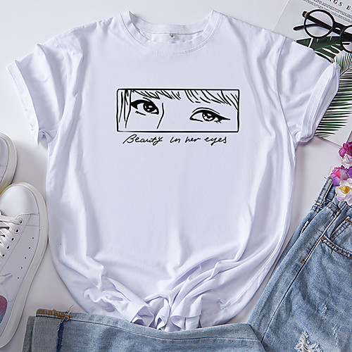 

Women's T shirt Graphic Print Round Neck Tops 100% Cotton Basic Basic Top White Blue Red