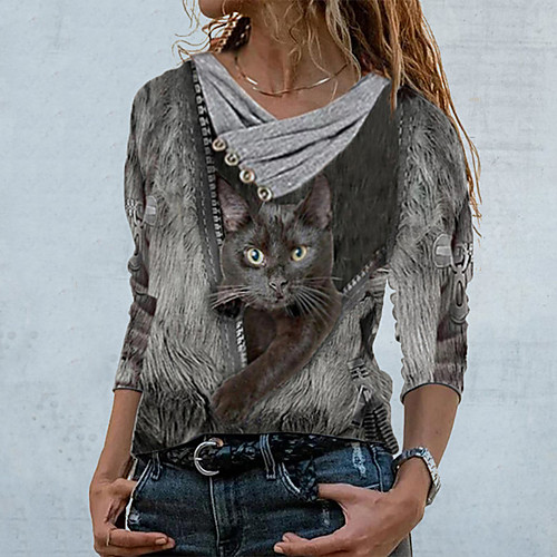 

Women's Blouse Cat Long Sleeve V Neck Tops Blue Camel Royal Blue