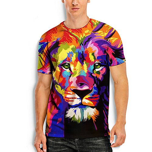 

Men's T shirt Shirt 3D Print Graphic Prints Lion 3D Print Short Sleeve Daily Tops Casual Fashion Round Neck Rainbow / Summer