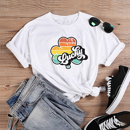 

Women's T shirt Text Letter Print Round Neck Tops 100% Cotton Basic Basic Top White Green Beige