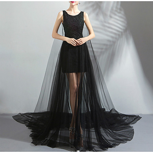 

A-Line Minimalist Elegant Engagement Formal Evening Dress Jewel Neck Sleeveless Watteau Train Lace Tulle with Sleek Overskirt 2021