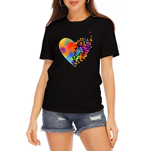 

Women's Going out Butterfly T shirt Graphic Heart Print Round Neck Basic Tops 100% Cotton White Black