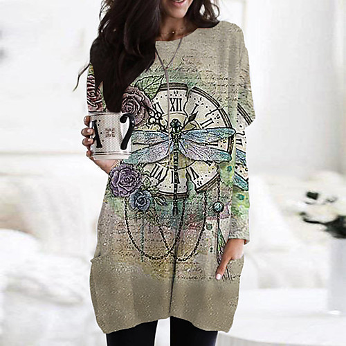 

Women's T Shirt Dress Tee Dress Short Mini Dress Blue Khaki Beige Light Blue Long Sleeve Print Color Block Animal Print Fall Spring Round Neck Casual Holiday 2021 S M L XL XXL 3XL