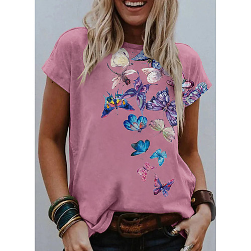 

Women's Going out Butterfly T shirt Graphic Butterfly Print Round Neck Basic Tops White Black Blue