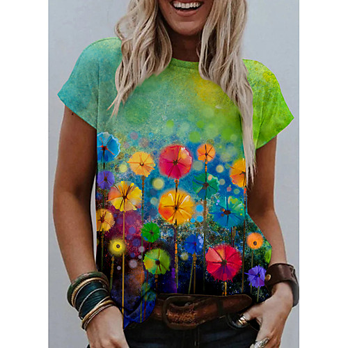 

Women's Holiday Floral Theme Painting T shirt Floral Graphic 3D Print Round Neck Basic Tops Green