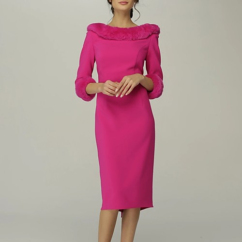 

Sheath / Column Mother of the Bride Dress Elegant Jewel Neck Knee Length Stretch Fabric 3/4 Length Sleeve with Draping 2021