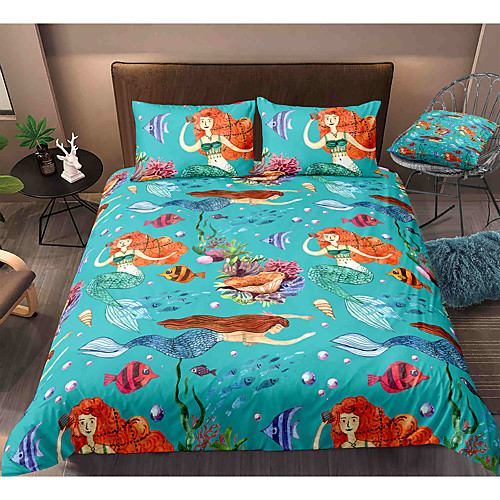 

Cartoon Mermaid 3-Piece Duvet Cover Set Hotel Bedding Sets Comforter Cover with Soft Lightweight Microfiber, Include 1 Duvet Cover, 2 Pillowcases for Double/Queen/King(1 Pillowcase for Twin/Single)