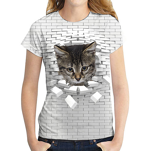 

Women's 3D Cat T shirt Cat Graphic 3D Print Round Neck Basic Tops Gray