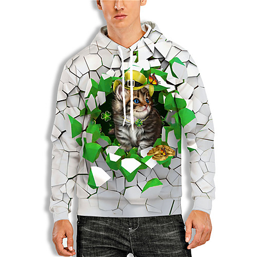 

Men's Pullover Hoodie Sweatshirt Cat Graphic Prints Saint Patrick Day Print Hooded Daily Holiday 3D Print 3D Print Hoodies Sweatshirts Long Sleeve White