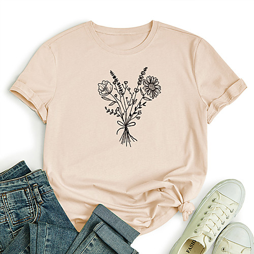 

Women's T shirt Graphic Flower Print Round Neck Tops 100% Cotton Basic Basic Top White Blue Red