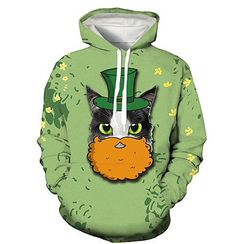 

Men's Pullover Hoodie Sweatshirt Cat Graphic Prints Saint Patrick Day Print Hooded Daily Holiday 3D Print 3D Print Hoodies Sweatshirts Long Sleeve Green
