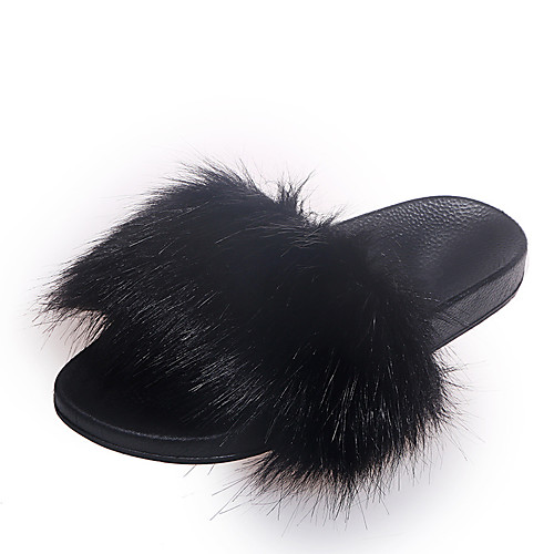 

Women's Sandals Flat Heel Round Toe Flat Sandals Casual Daily Walking Shoes Faux Fur Pink Black Gray