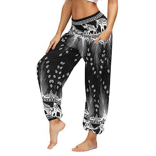 

Women's Yoga Boho Comfort Sports Gym Yoga Pants Bloomers Pants Pattern Full Length Pocket Print Black And White White Blue Red Dark Gray
