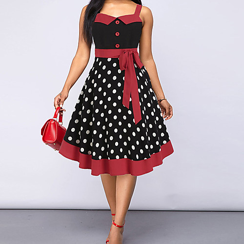 

Women's Sheath Dress Knee Length Dress Red Sleeveless Polka Dot Patchwork Fall Summer cold shoulder Vintage 2021 S M L XL XXL