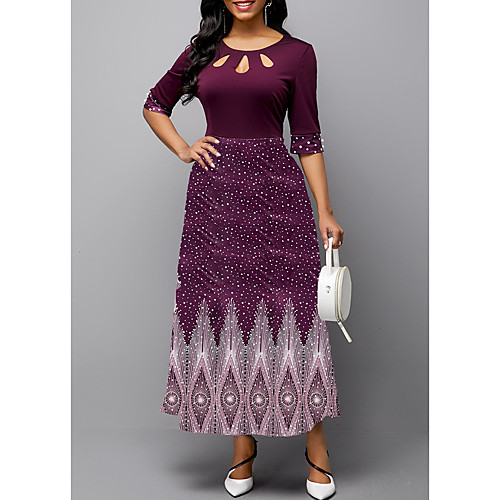 

Women's A Line Dress Maxi long Dress Blue Purple Green Half Sleeve Print Patchwork Print Fall Summer Round Neck Vintage Slim 2021 S M L XL XXL 3XL 4XL 5XL