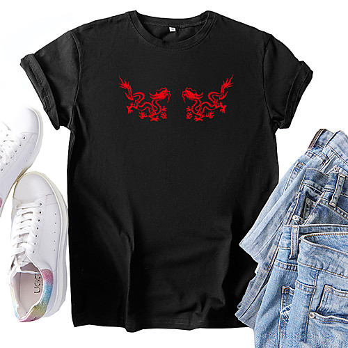 

Women's T shirt Dragon Graphic Animal Print Round Neck Tops 100% Cotton Basic Basic Top White Black Blue