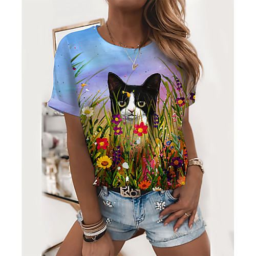 

Women's 3D Cat T shirt Cat Graphic 3D Print Round Neck Basic Tops Blue
