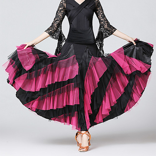 

Ballroom Dance Skirts Cascading Ruffles Split Joint Women's Training Performance Satin Tulle Milk Fiber