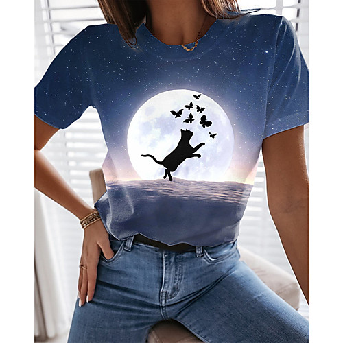 

Women's 3D Cat T shirt Cat Graphic Butterfly Print Round Neck Basic Tops Blue