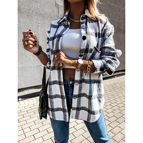

Women's Jacket Daily Spring & Fall Regular Coat Shirt Collar Loose Jacket Long Sleeve Plaid Blushing Pink Khaki