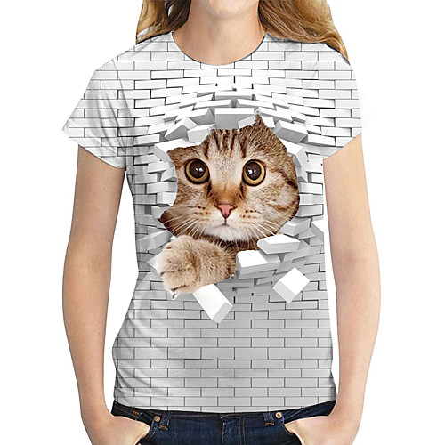 

Women's 3D Cat T shirt Cat Graphic 3D Print Round Neck Basic Tops Gray